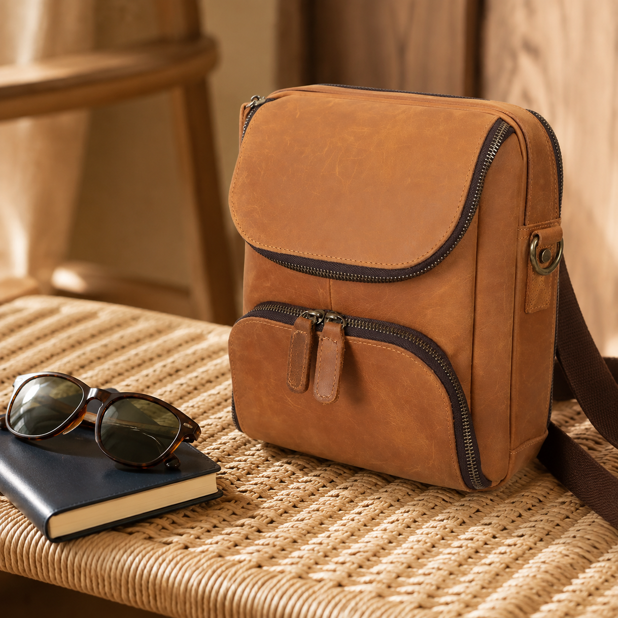 Woosir Vintage Genuine Leather Shoulder Bag AI genuine leather shoulder bag light brown travel scene