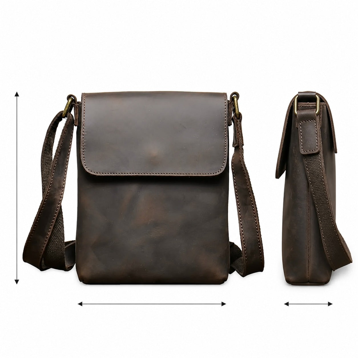 Leather crossbody bag dimension and side view