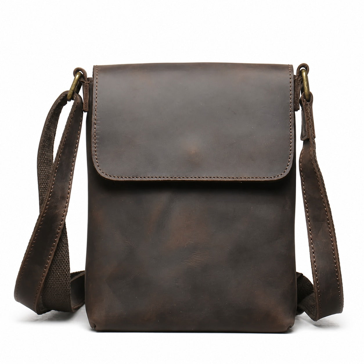 Dark brown genuine leather iPad crossbody bag white background front view