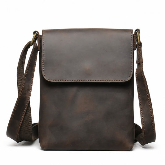 Dark brown genuine leather iPad crossbody bag white background front view