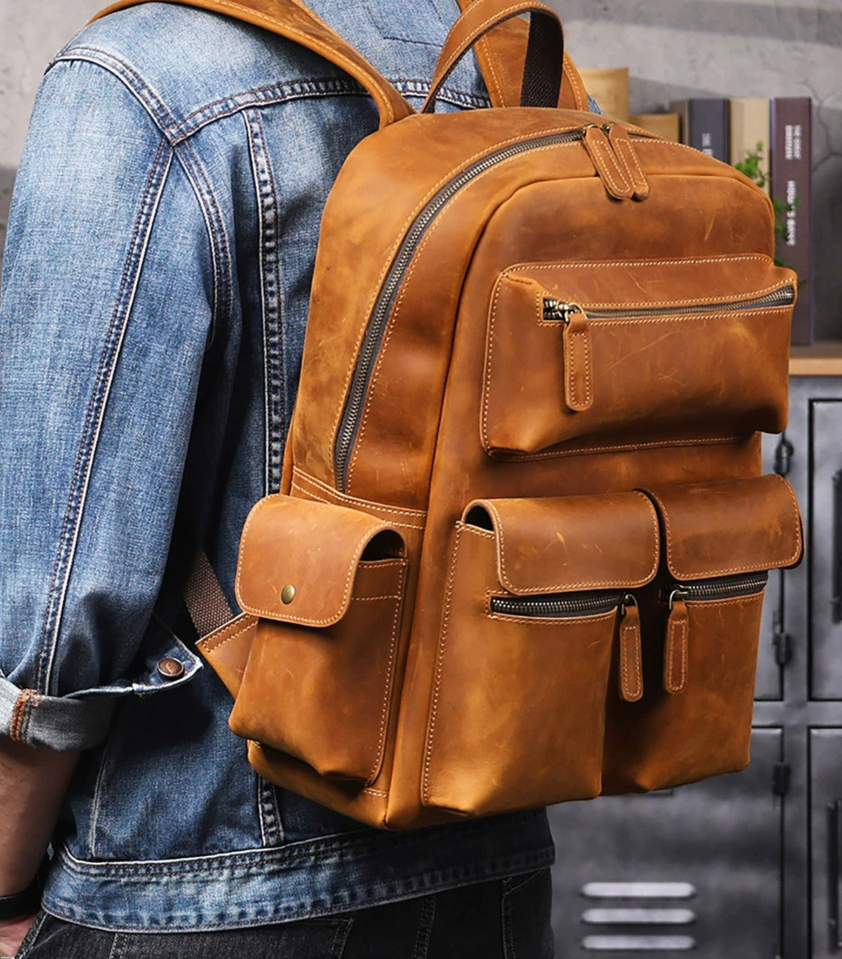 Woosir Vintage Leather Laptop Backpack for Men exact 1688 model side view
