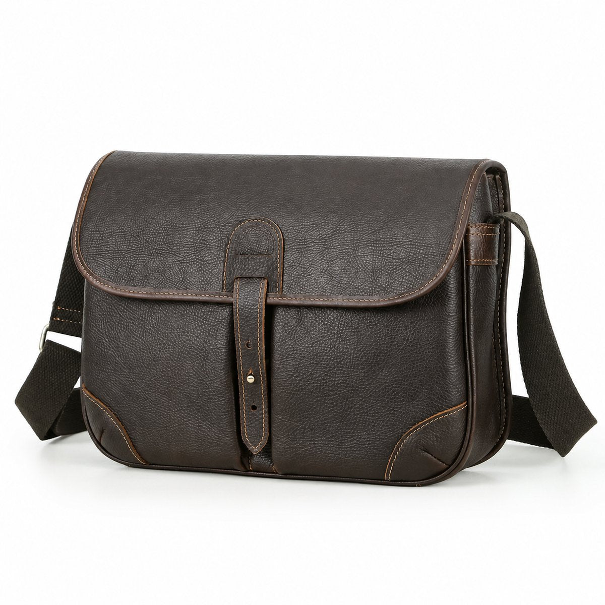 Vintage leather messenger bag closure and stitching detail