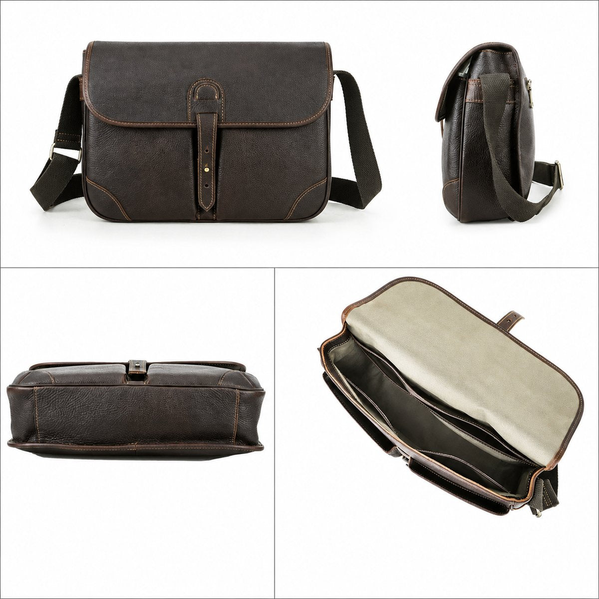 Leather messenger bag shoulder strap and buckle detail