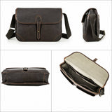 Leather messenger bag shoulder strap and buckle detail