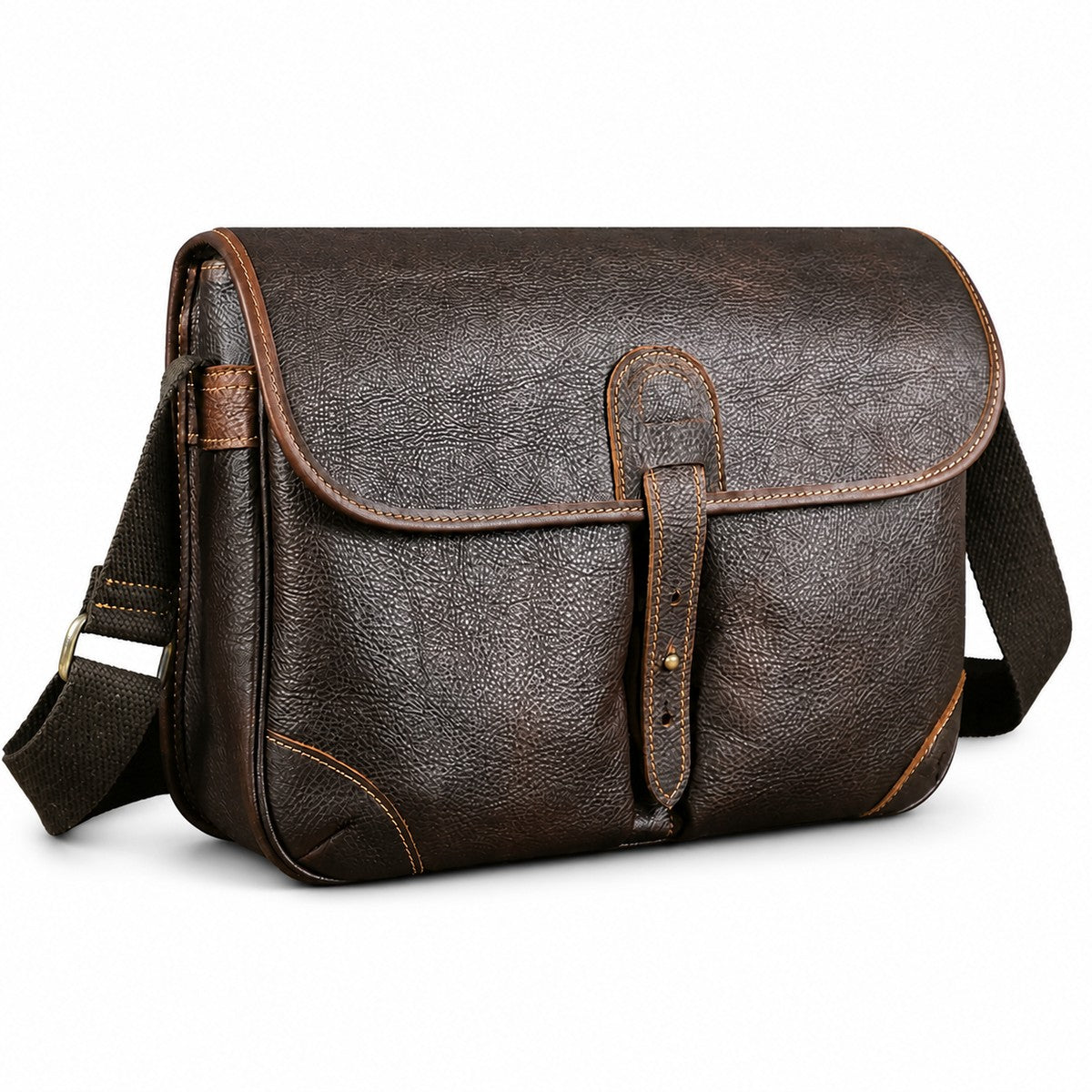 Large coffee leather crossbody messenger bag white background front view