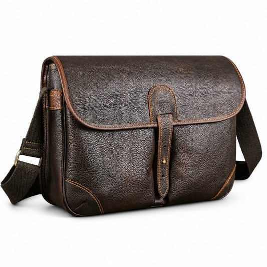 Large coffee leather crossbody messenger bag white background front view
