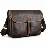 Large coffee leather crossbody messenger bag white background front view