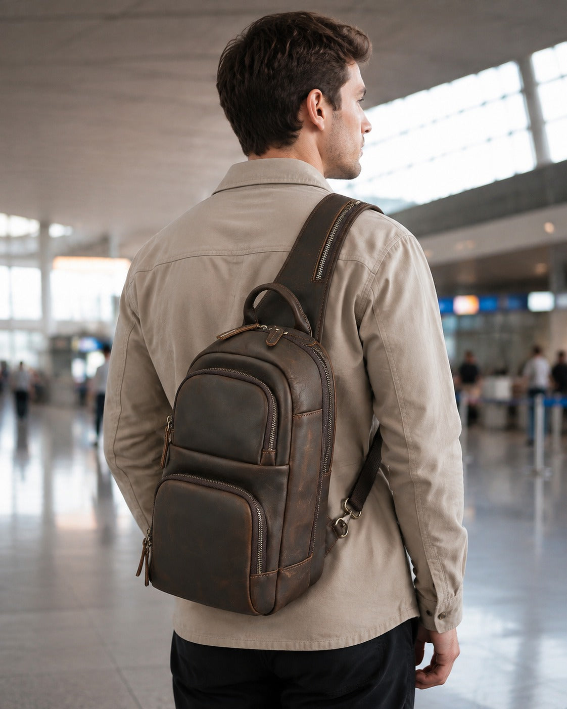 Woosir Large Vintage Leather Chest Bag for Men coffee model travel