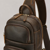 Woosir Large Vintage Leather Chest Bag for Men zipper pocket detail