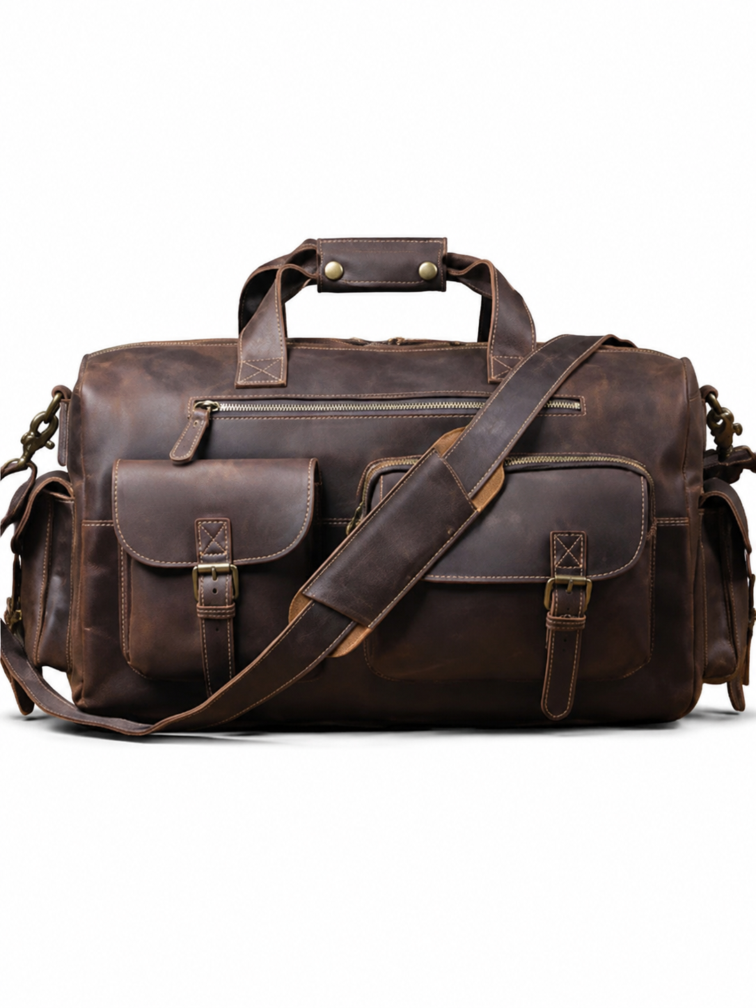 Woosir Large Vintage Leather Travel Duffle Bag white hero coffee
