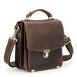 Brown leather messenger bag back view with zipper pocket