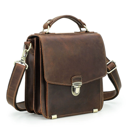 Brown leather messenger bag back view with zipper pocket