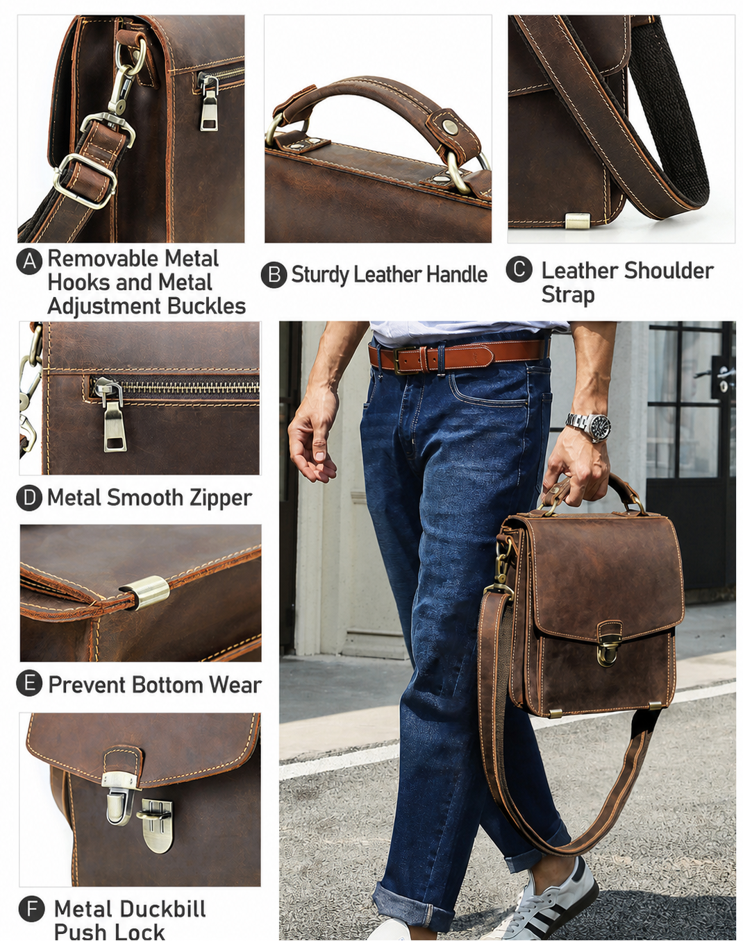 Vintage brown leather messenger bag product display