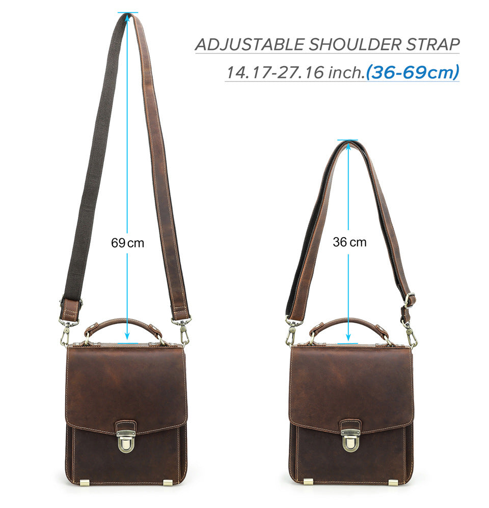 Leather messenger bag hardware and stitching details
