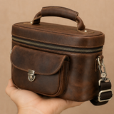 Woosir leather travel organizer camera crossbody bag close up front detail