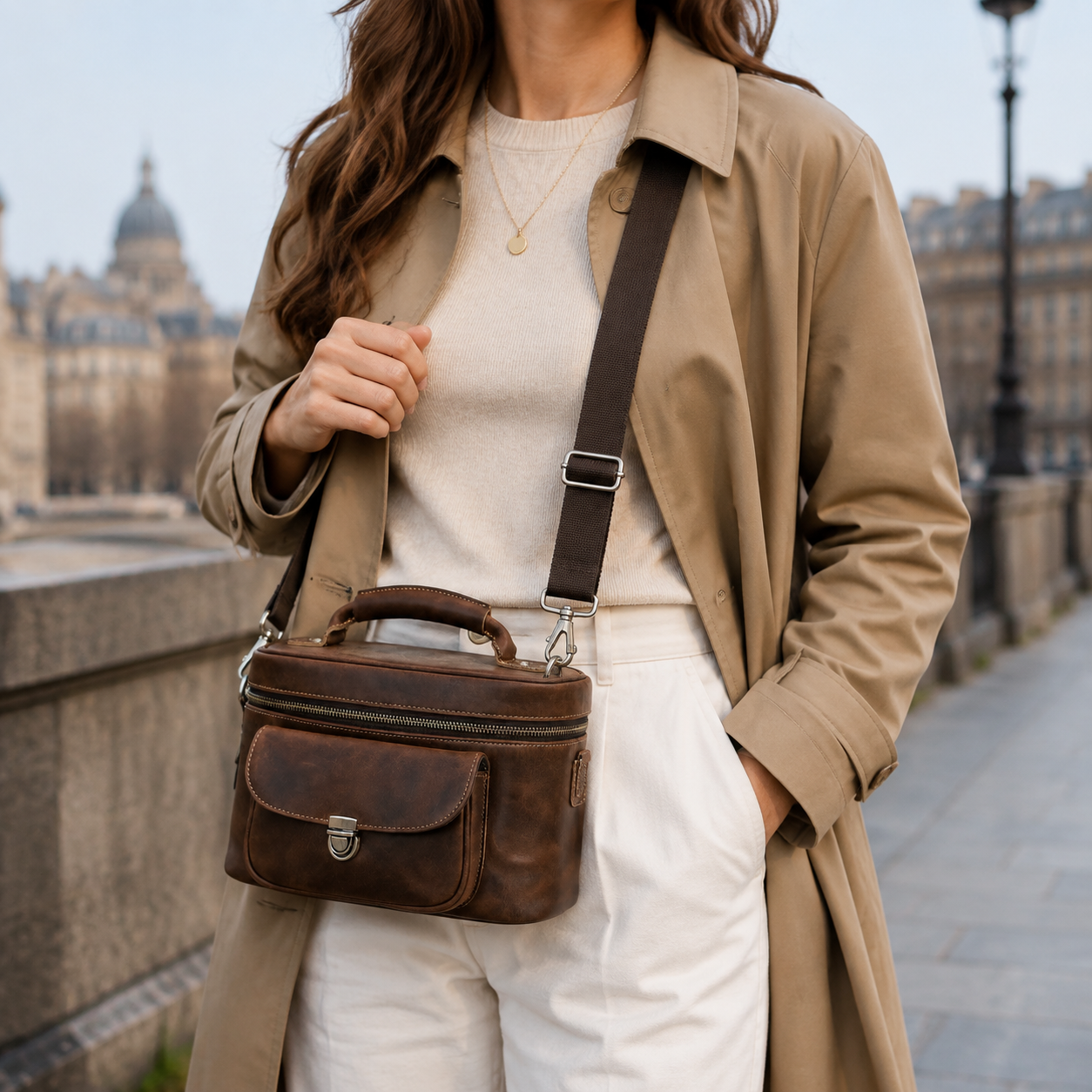 Woosir leather travel organizer camera crossbody bag model urban travel