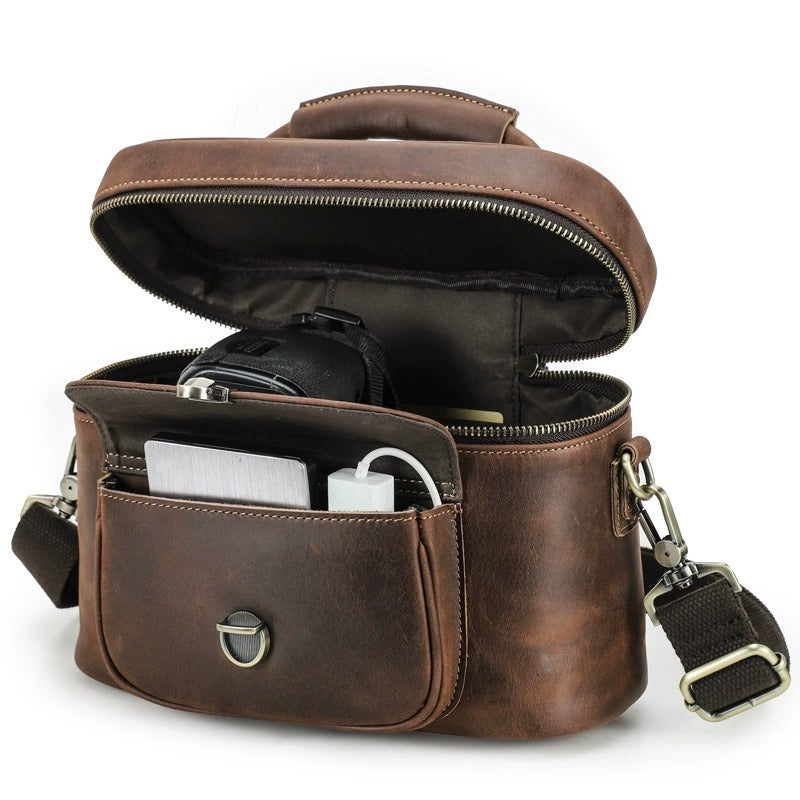 Leather organizer bag open storage view
