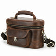 Leather travel organizer camera crossbody bag on white background