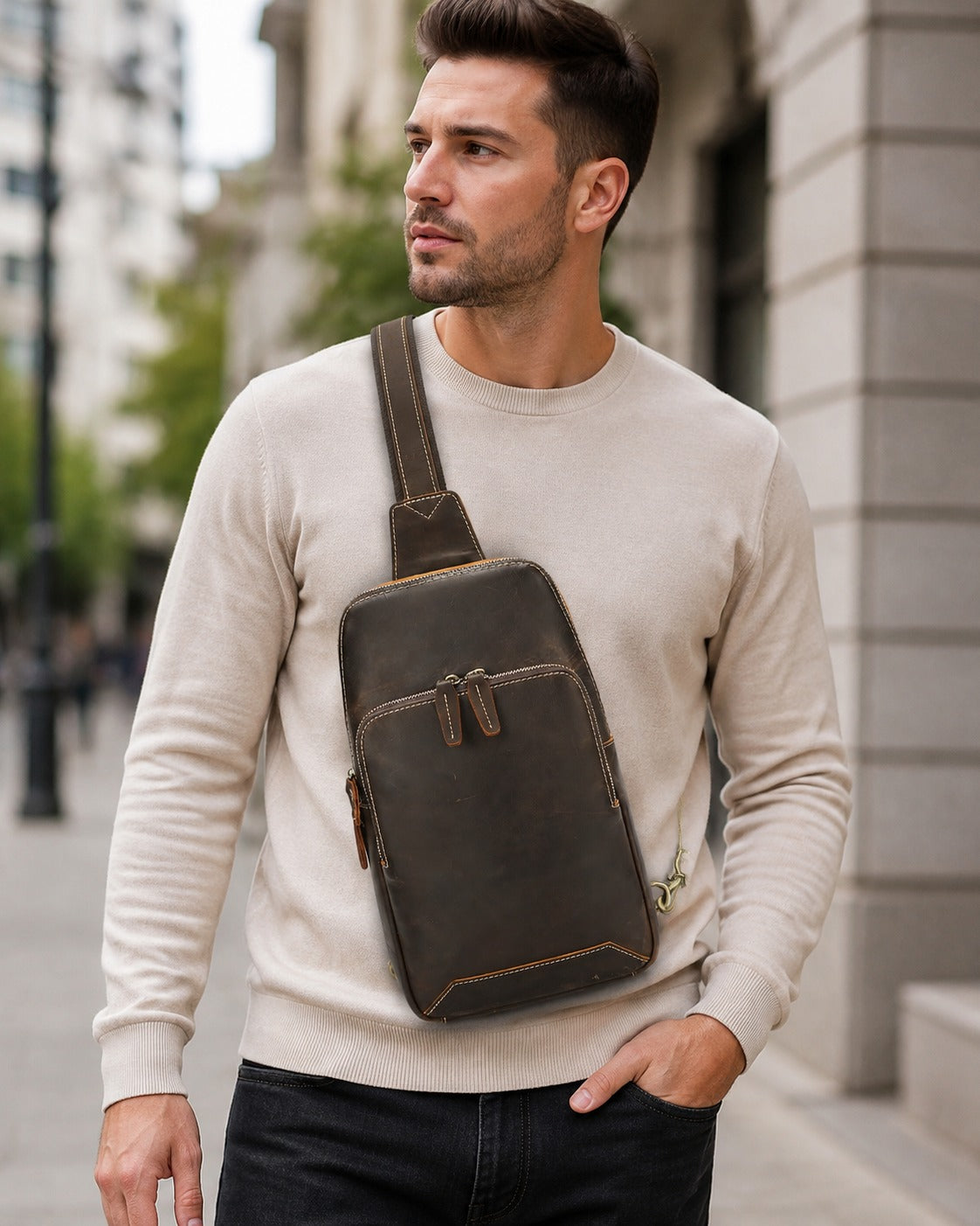 Woosir Men's Vintage Crazy Horse Leather Chest Bag coffee model city