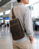 Woosir Men's Vintage Crazy Horse Leather Chest Bag coffee model travel
