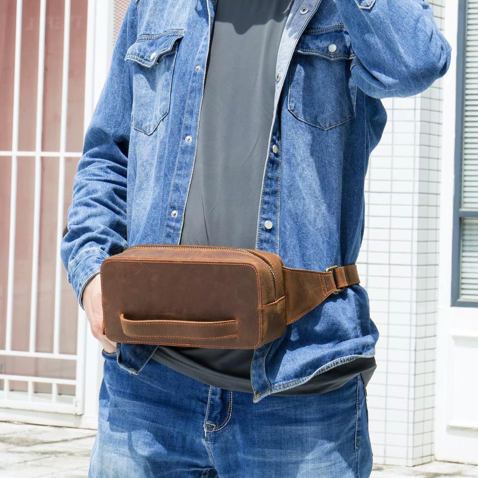 Woosir Men's Vintage Leather Chest Bag with Adjustable Strap brown lifestyle view