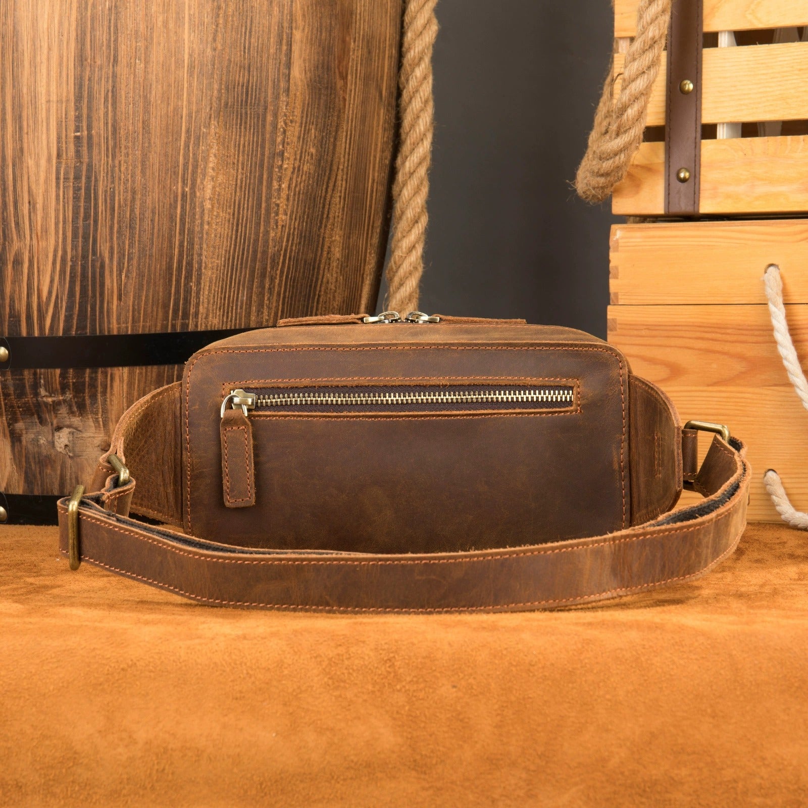Woosir Men's Vintage Leather Chest Bag with Adjustable Strap brown front view