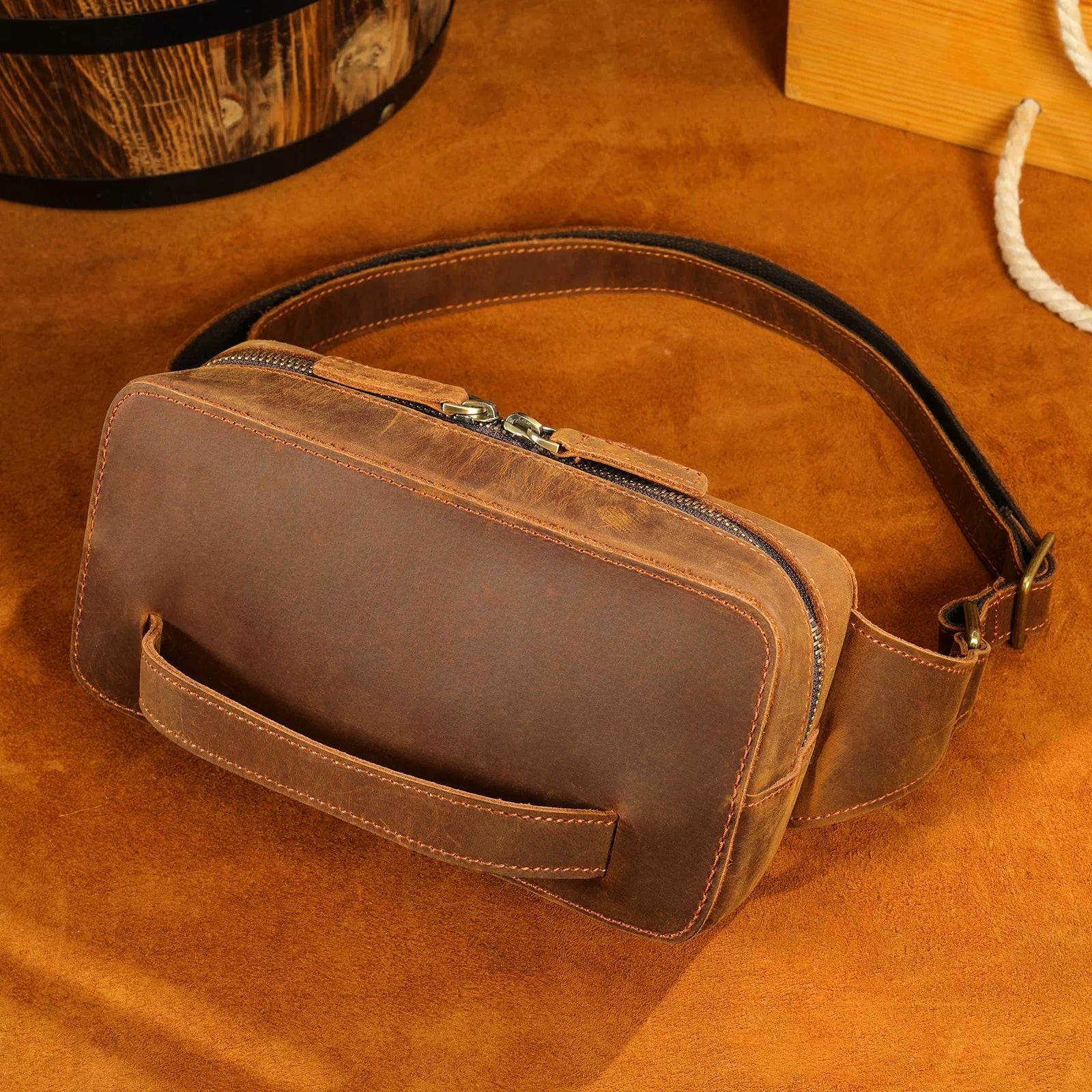 Woosir Men's Vintage Leather Chest Bag with Adjustable Strap coffee product view