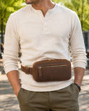 Woosir Men's Vintage Leather Chest Bag with Adjustable Strap brown model outdoor