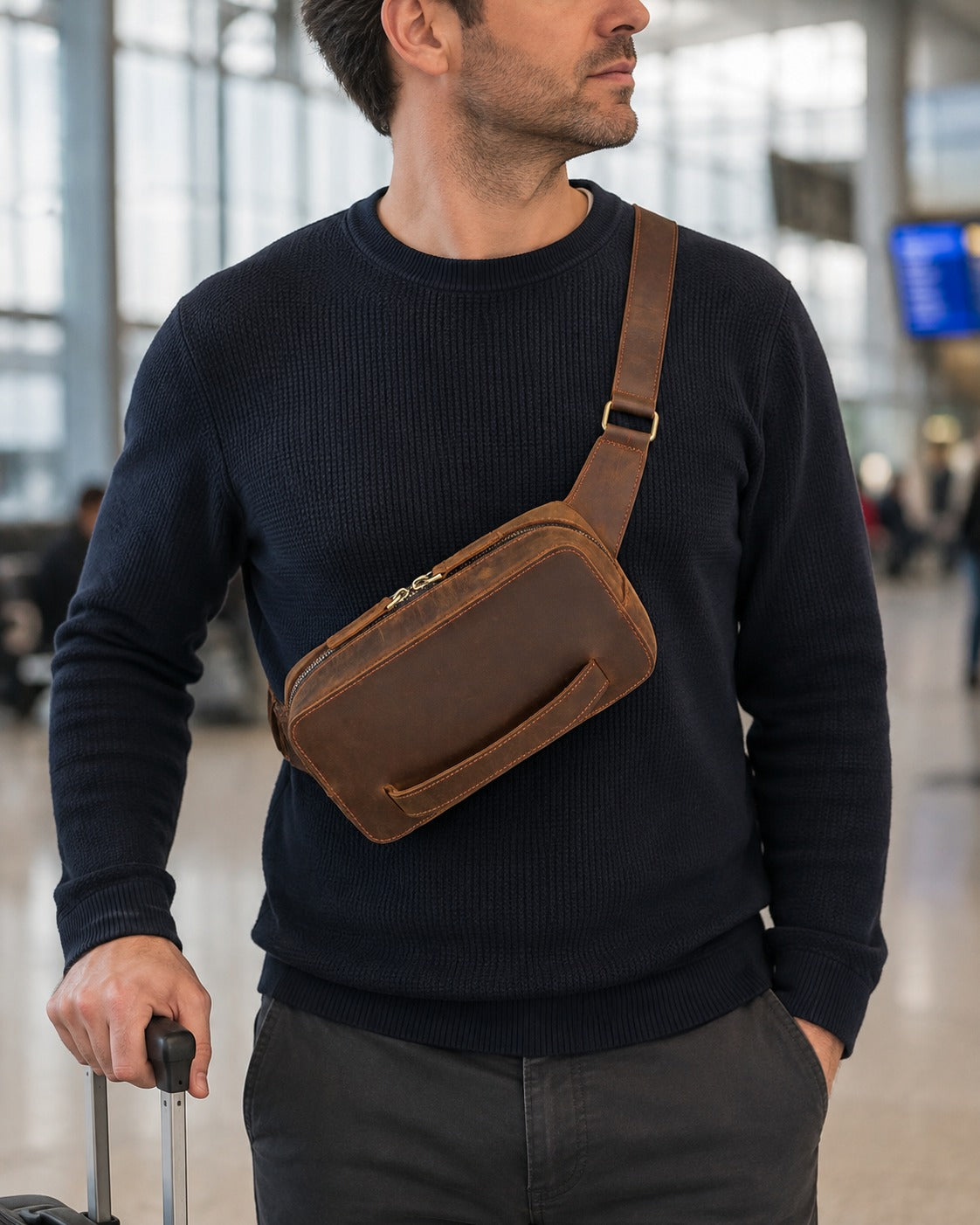 Woosir Men's Vintage Leather Chest Bag with Adjustable Strap coffee model travel