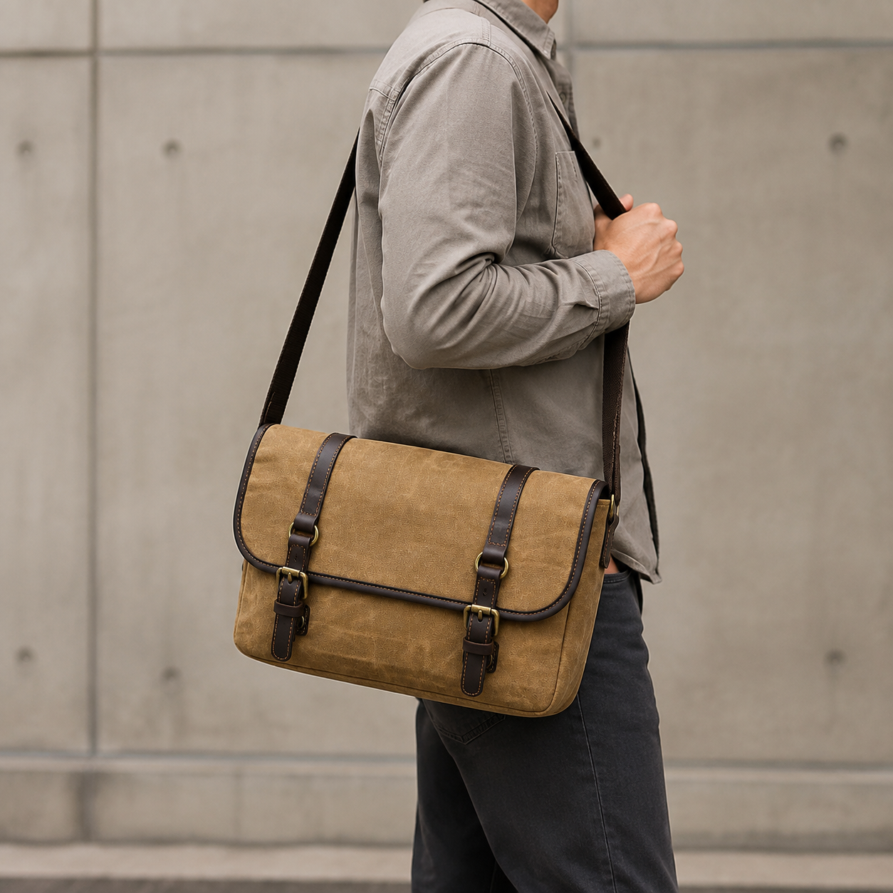 Waxed Canvas Messenger Bag with Leather Trim exact product model side lifestyle