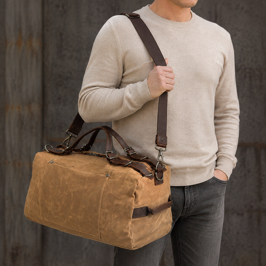 Waxed Canvas Travel Duffle Bag Carry-on Size exact product model front lifestyle