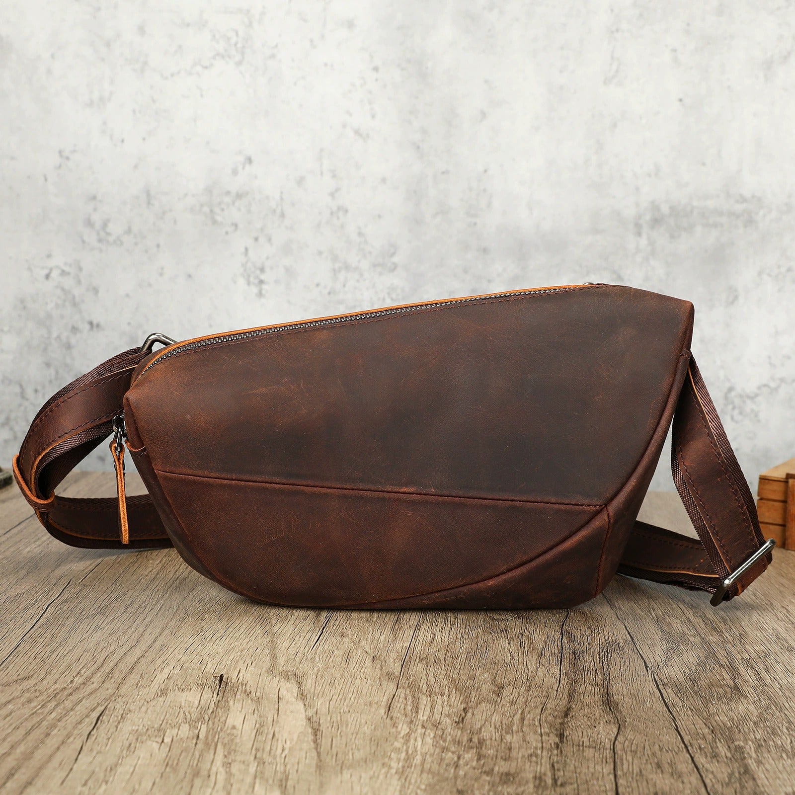 Woosir Multi-Pocket Crazy Horse Leather Chest Bag brown lifestyle view