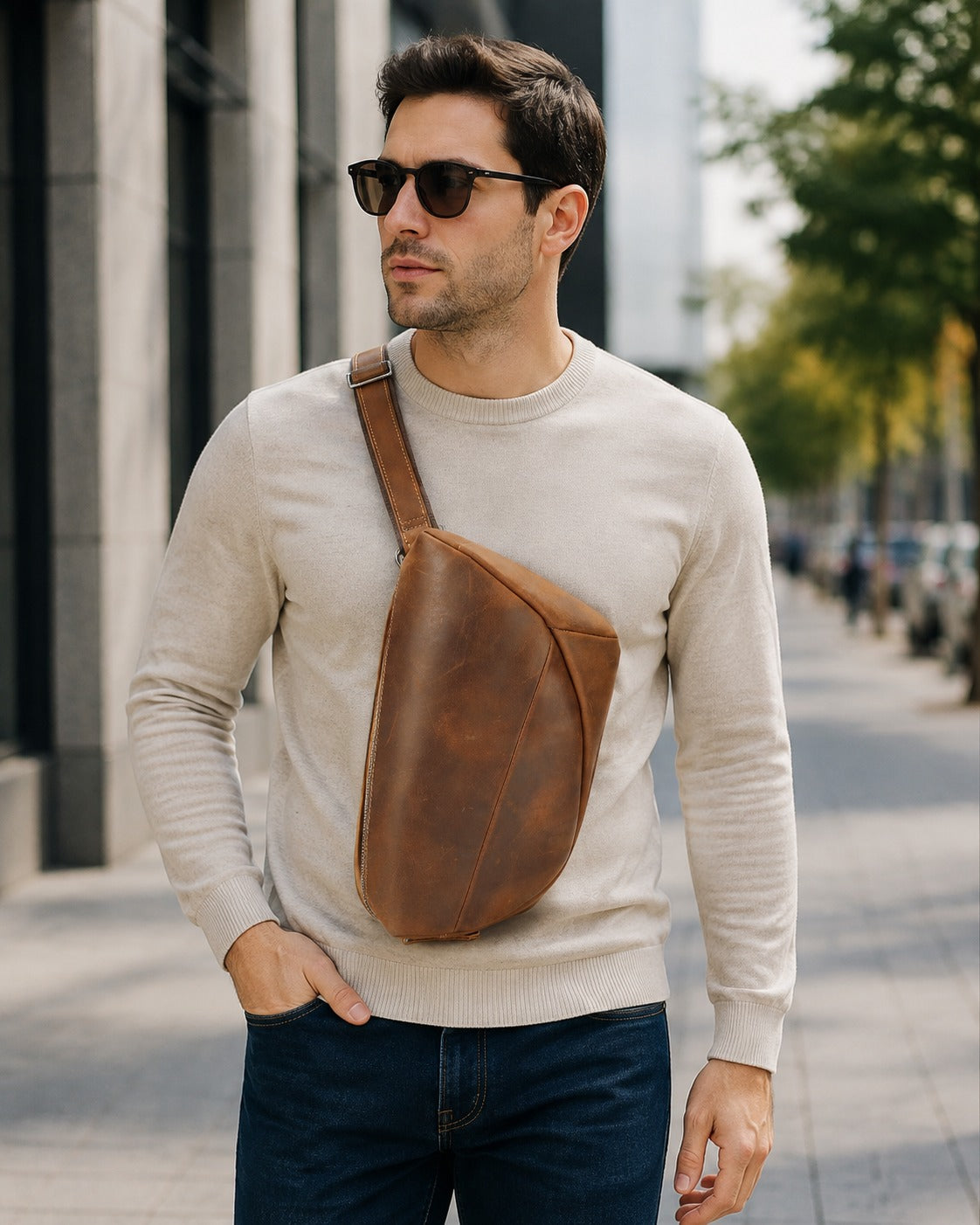 Woosir Multi-Pocket Crazy Horse Leather Chest Bag brown model city