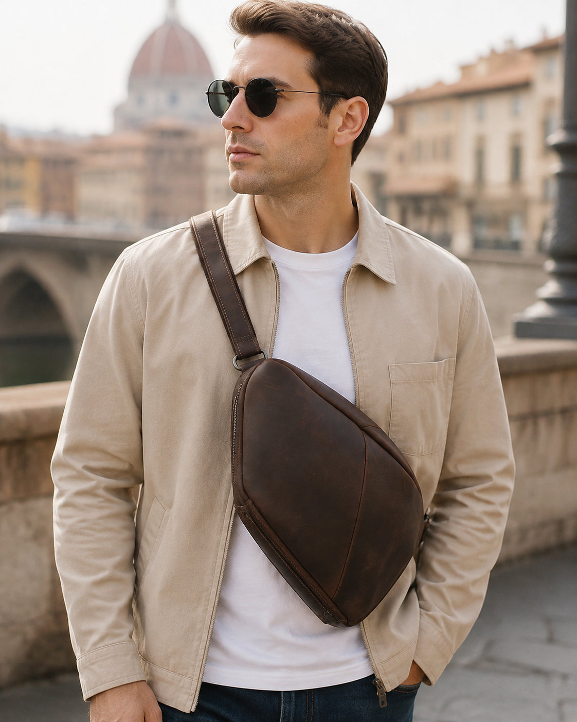 Woosir Multi-Pocket Crazy Horse Leather Chest Bag deep coffee lifestyle