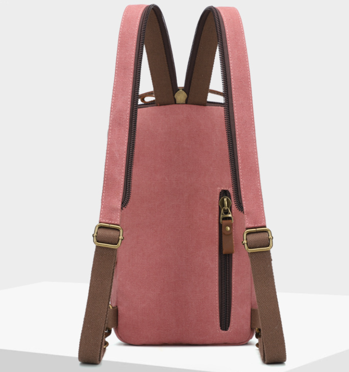 Woosir product detail | pink canvas chest sling bag | rear view