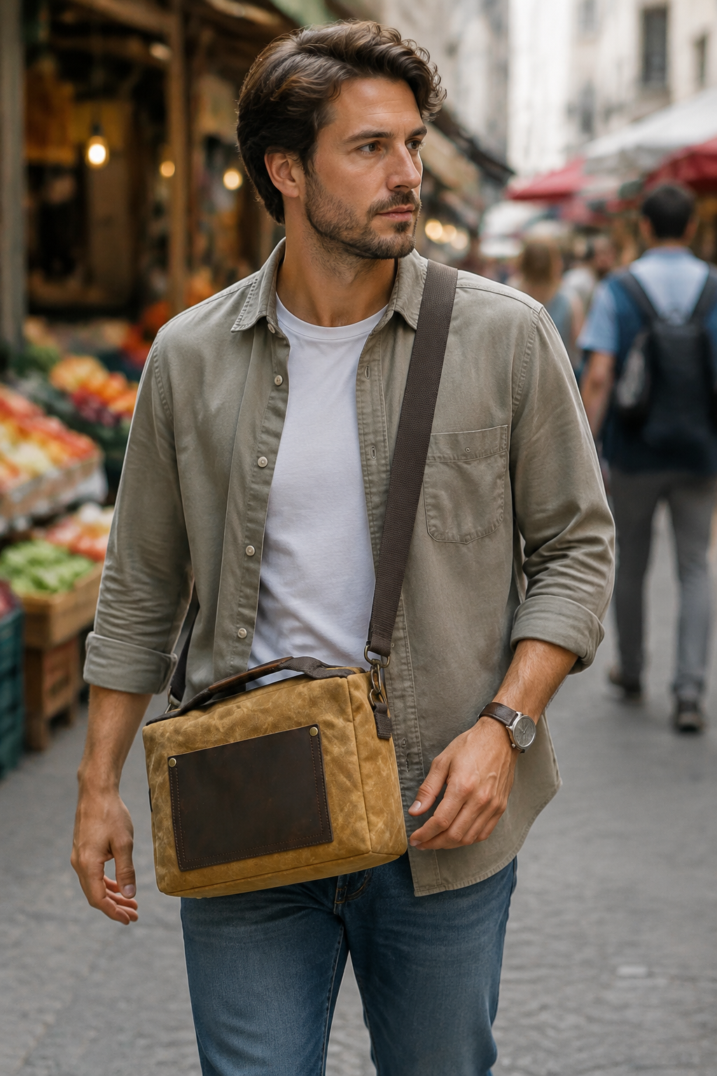 Woosir generated model 1 | retro-waxed-canvas-messenger-bag-waterproof-leather