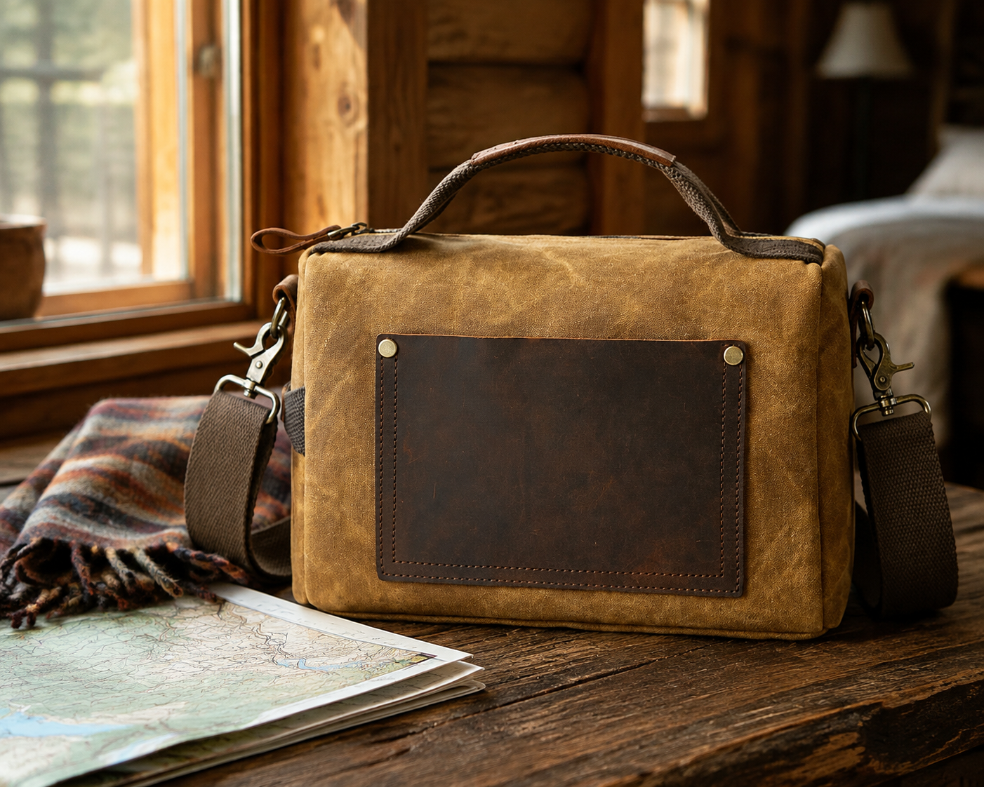 Woosir generated scene 1 | retro-waxed-canvas-messenger-bag-waterproof-leather