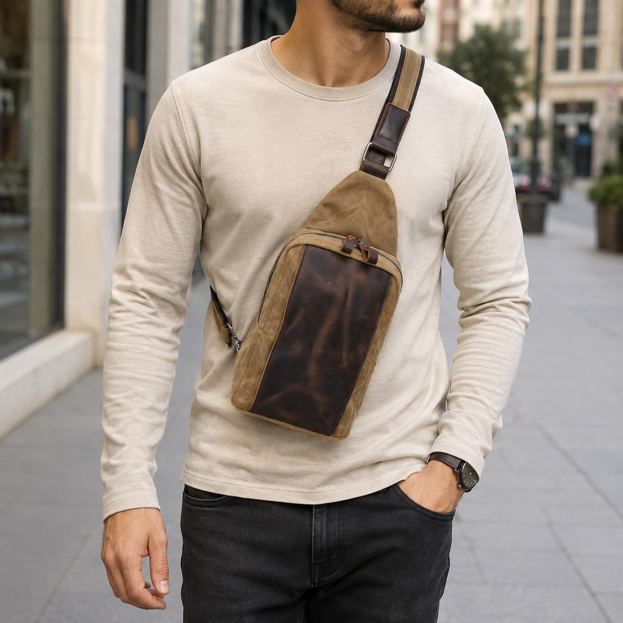 Woosir Vintage Canvas Chest Bag model male