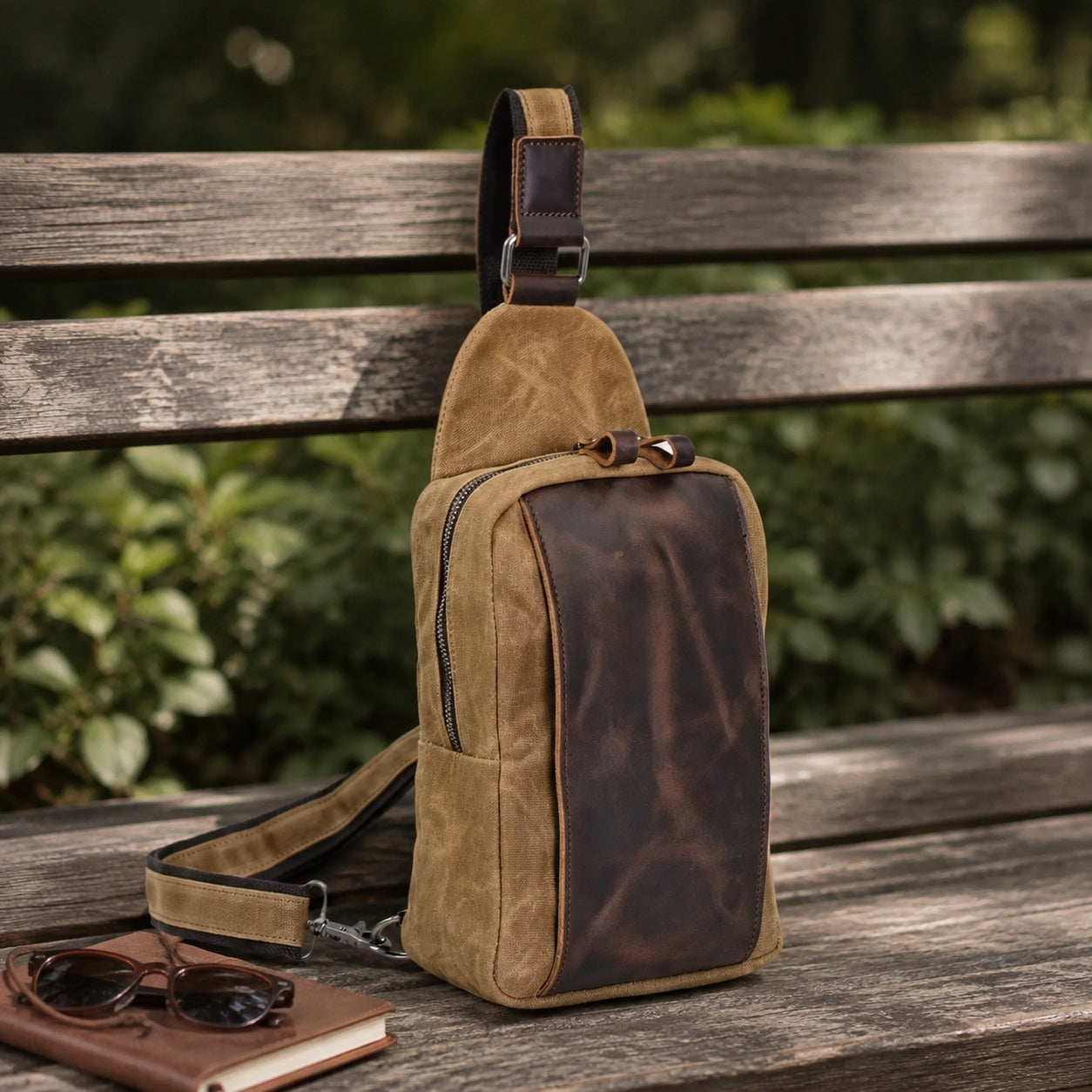 Woosir Vintage Canvas Chest Bag scene bench