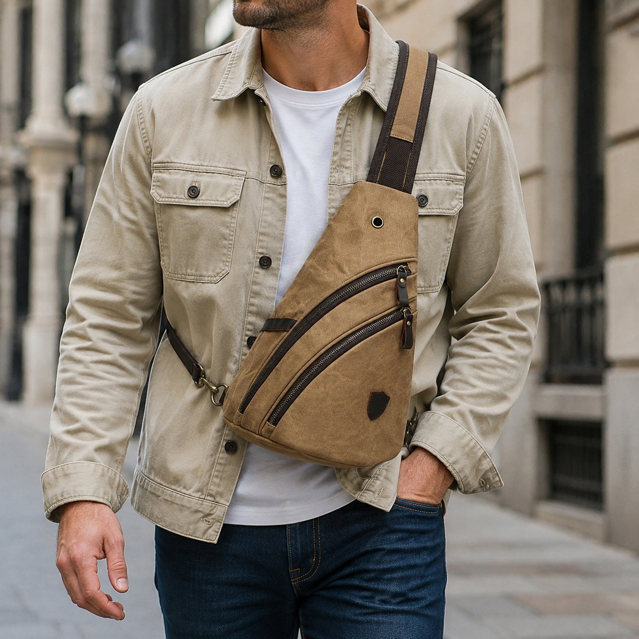 Woosir Vintage Canvas Sling Chest Bag model male
