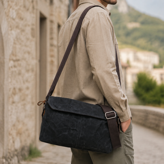 Waxed Canvas Messenger Bag Vintage Casual exact product model side lifestyle