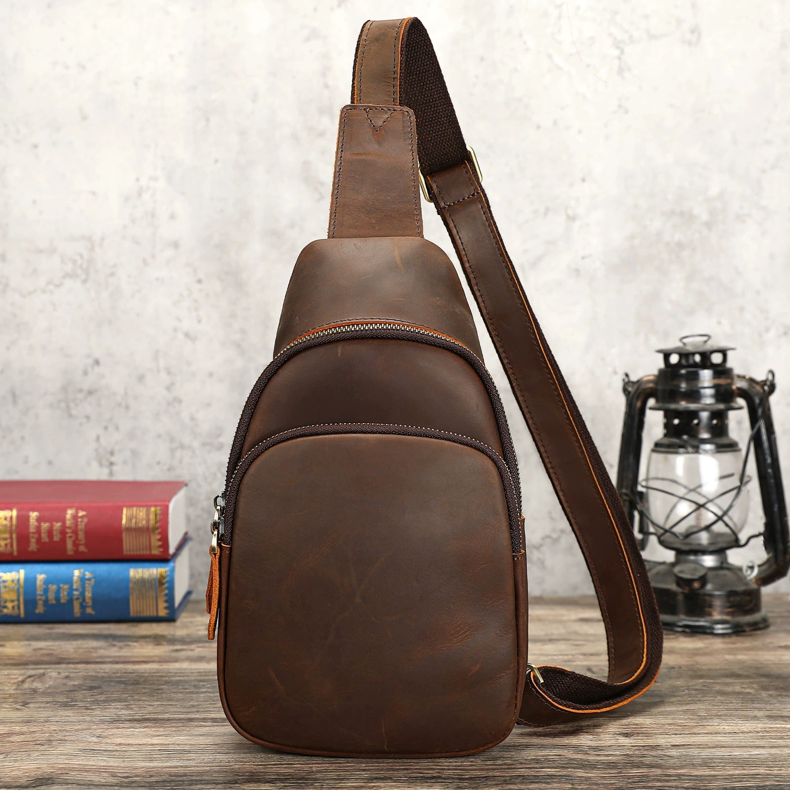 Woosir Vintage Crazy Horse Leather Chest Bag lifestyle product view