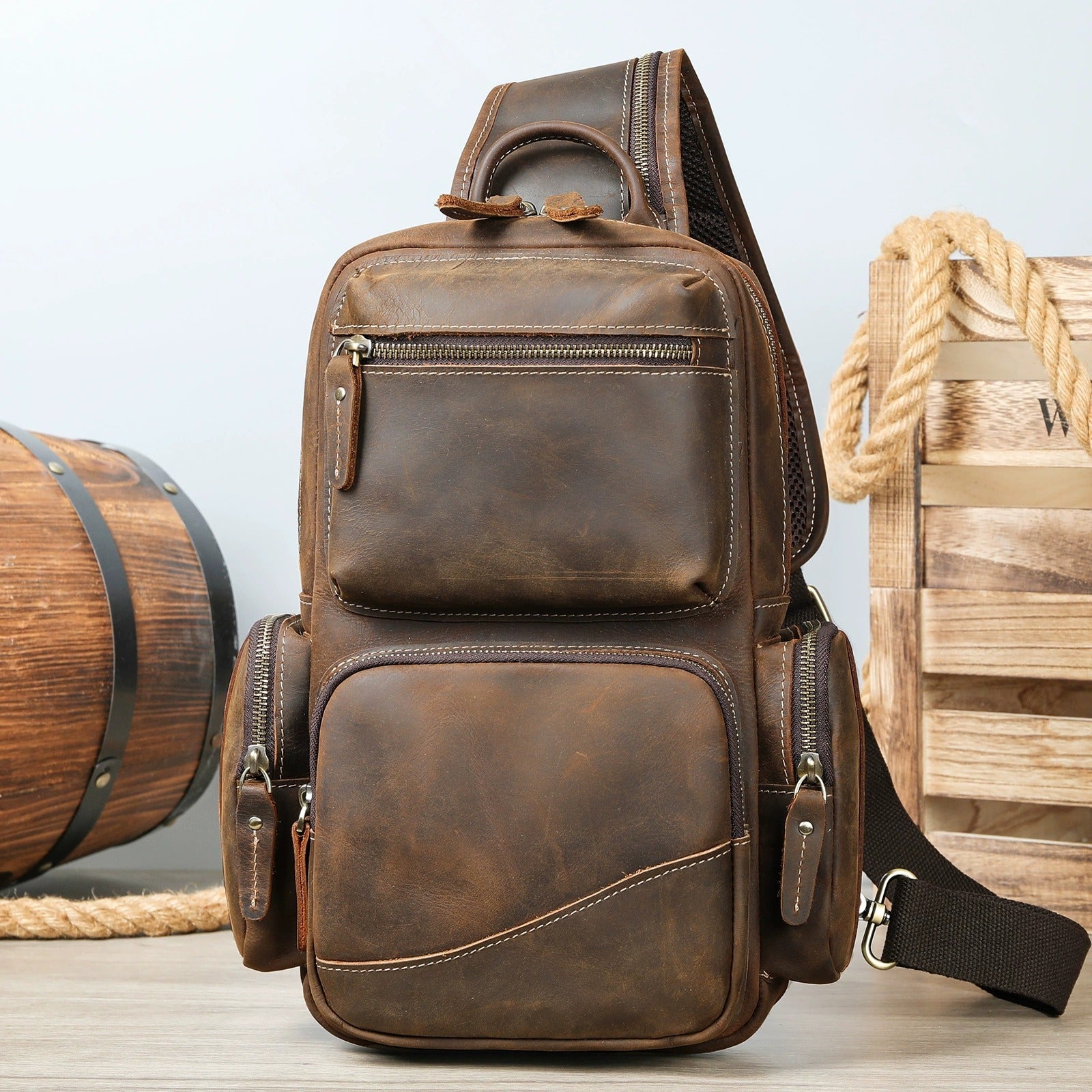 Woosir vintage crazy horse leather chest bag lifestyle view
