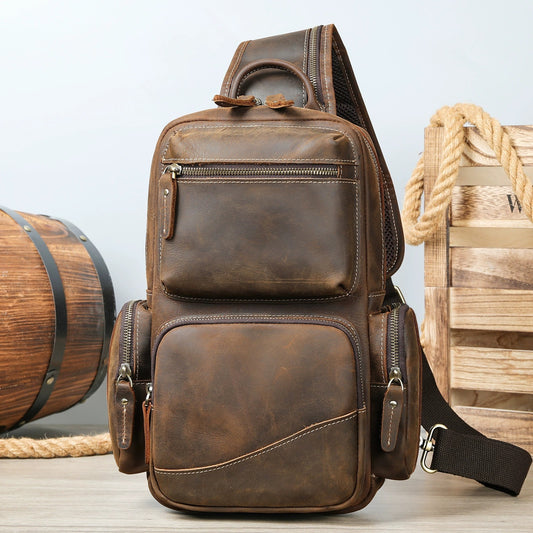 Woosir vintage crazy horse leather chest bag lifestyle view