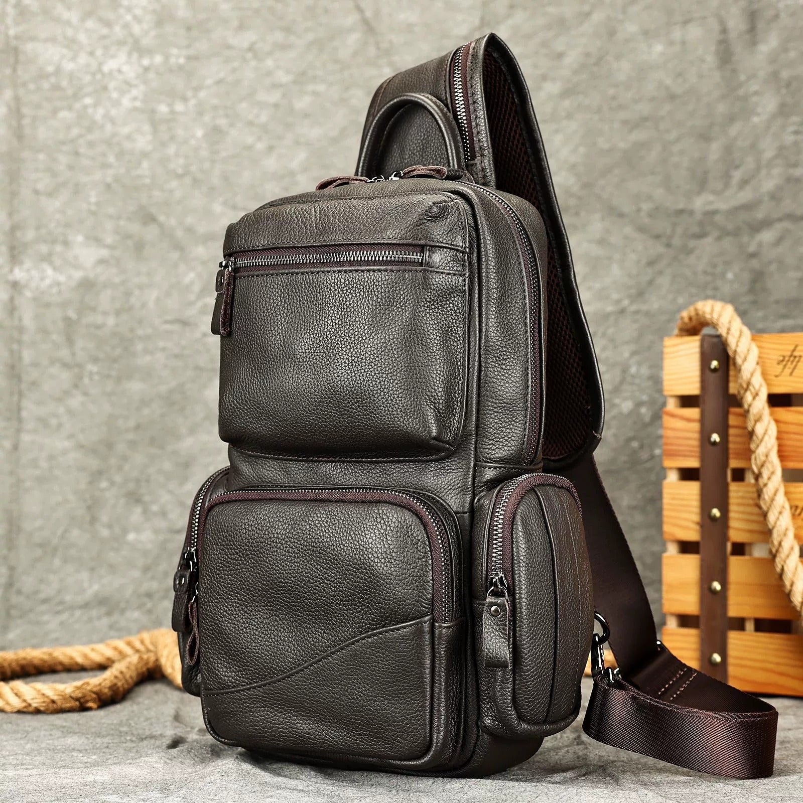 Woosir vintage crazy horse leather chest bag clean product angle