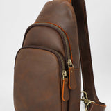 Woosir Vintage Crazy Horse Leather Chest Bag zipper hardware detail