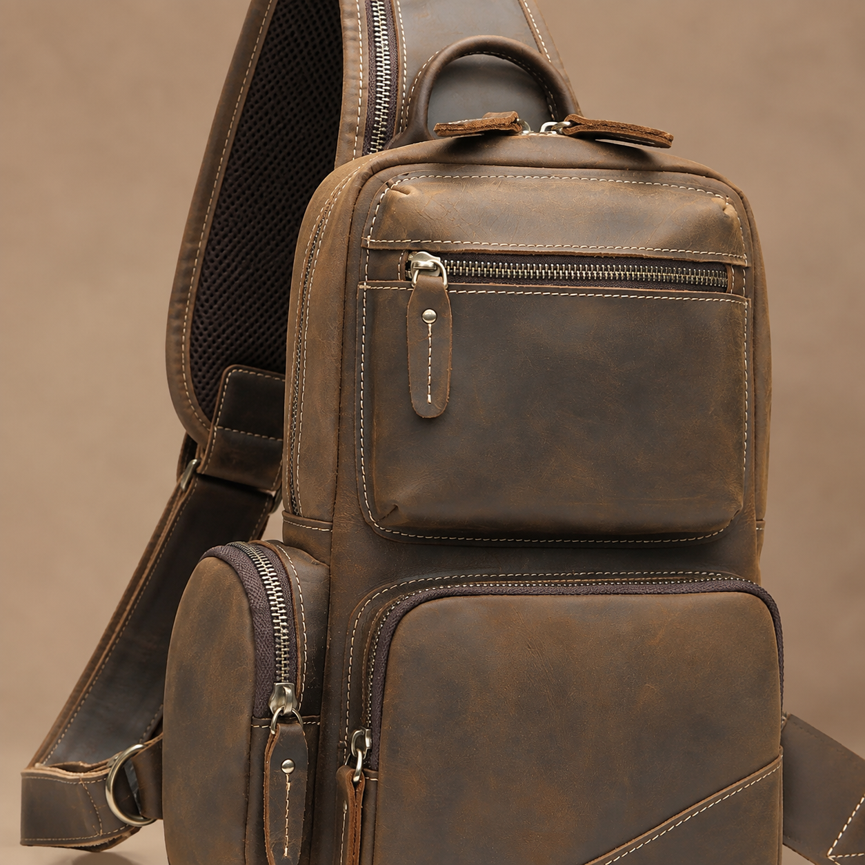 Woosir vintage crazy horse leather chest bag zipper stitching detail