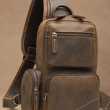 Woosir vintage crazy horse leather chest bag zipper stitching detail