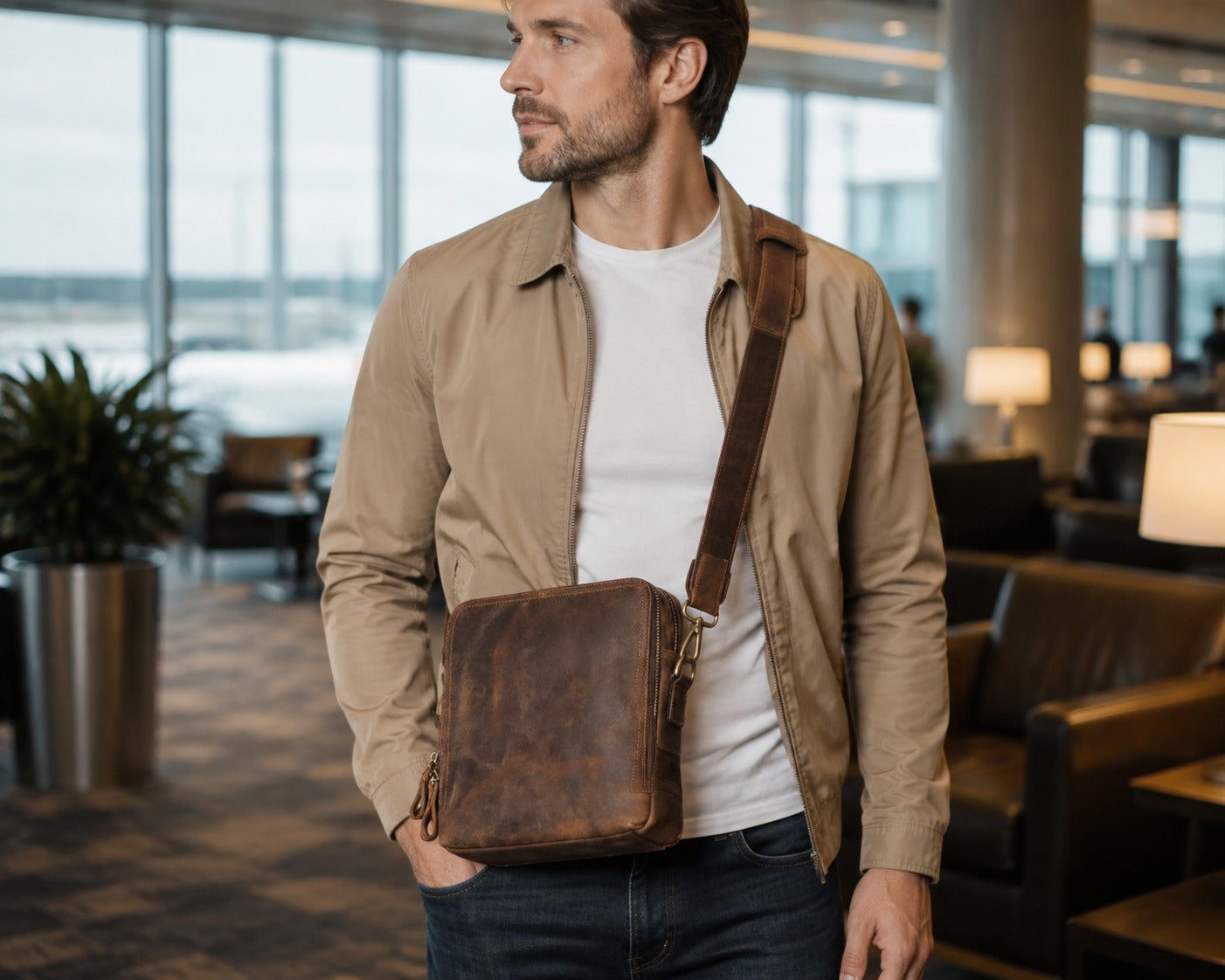 Vintage crazy horse leather crossbody bag worn by model