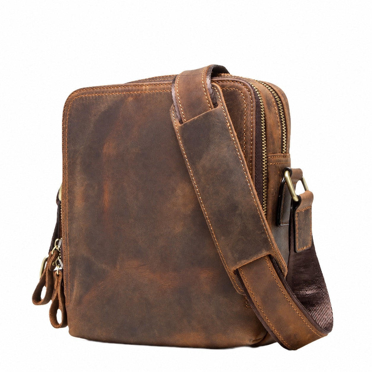 Vintage crazy horse leather crossbody bag on white background